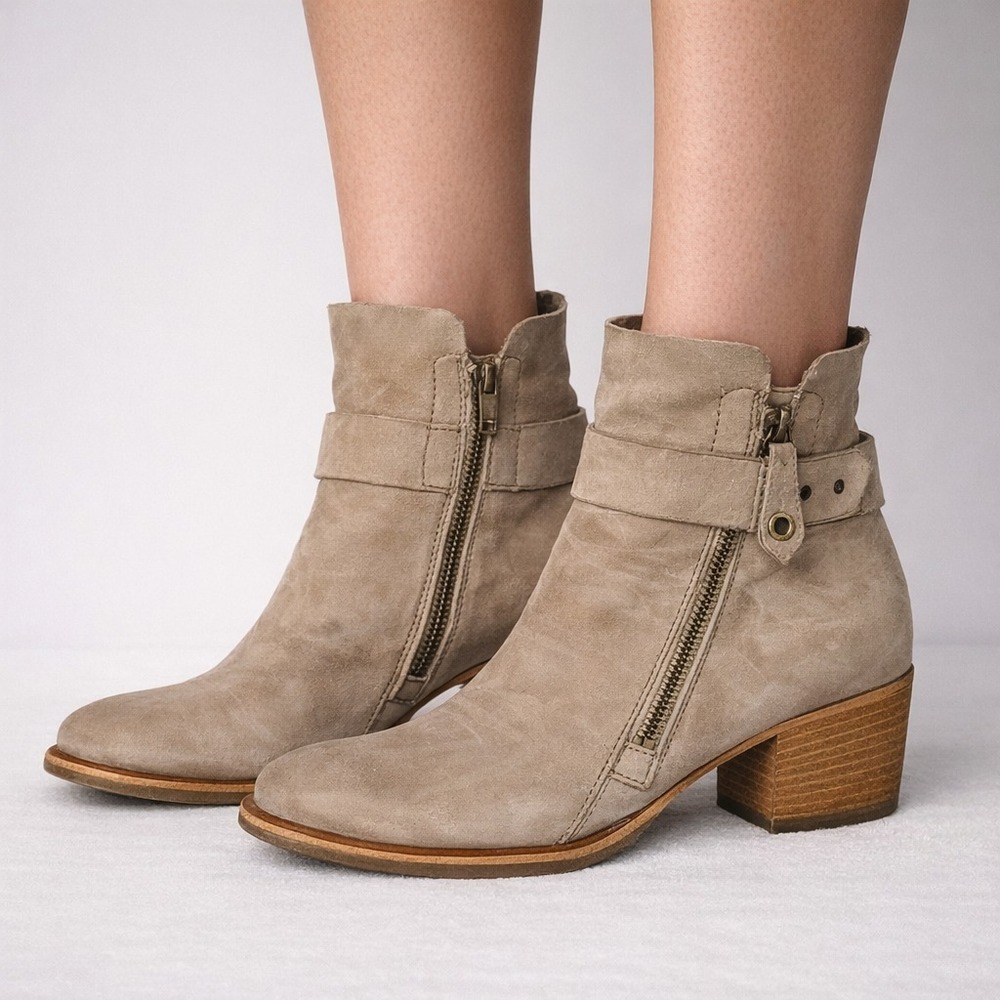 Paul Green Ankle Booties Women's Size 7.5 Taupe Beige Leather Buckle Zip Shoes